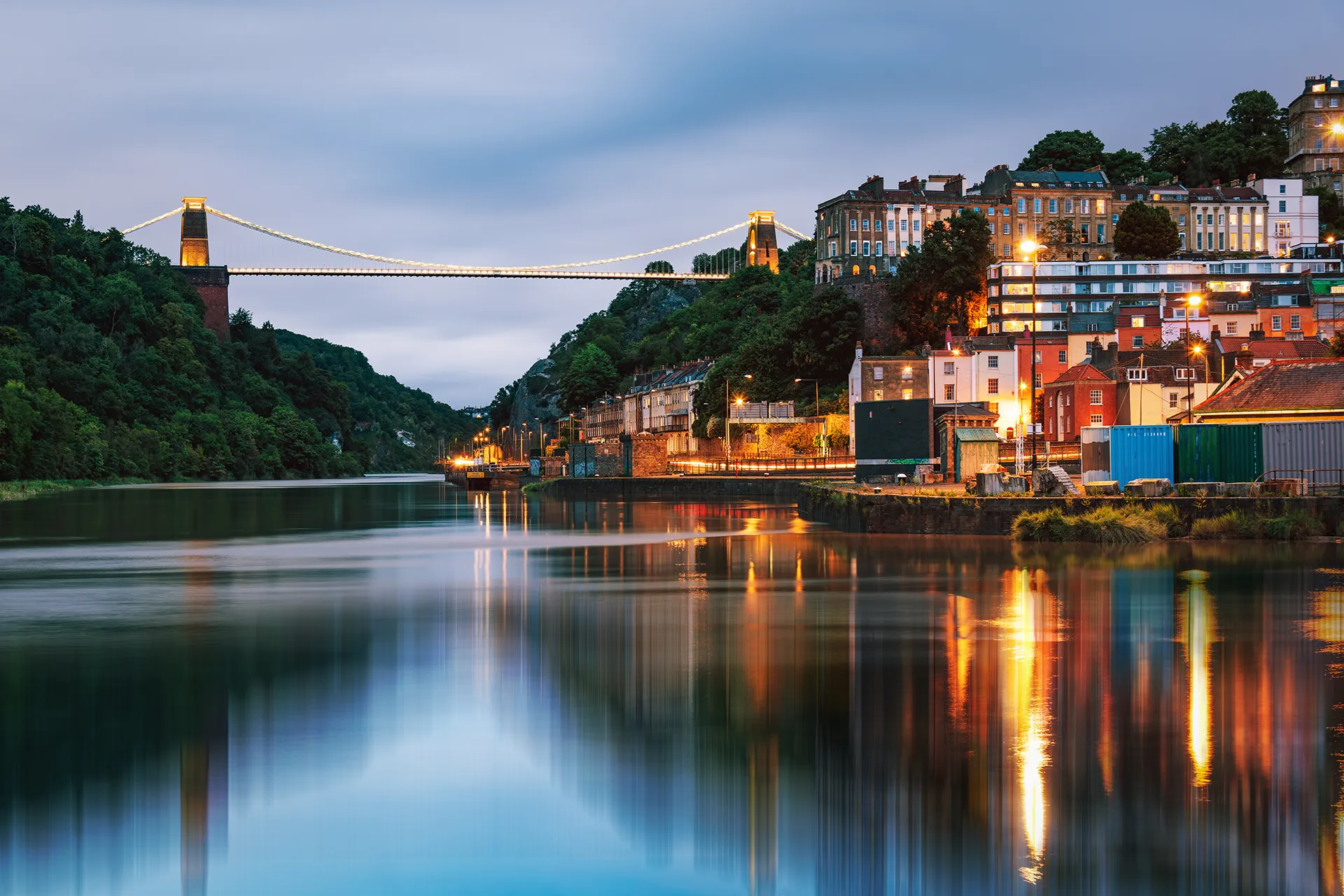 Bristol harbourside and the Clifton Suspension Bridge at dusk